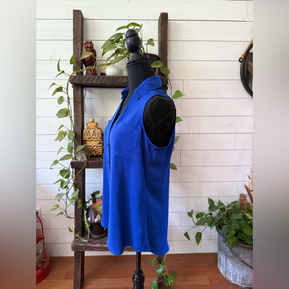 Express: Blue Sleeveless Button-Up Blouse with Cold Shoulder Back - Picture 5 of 17